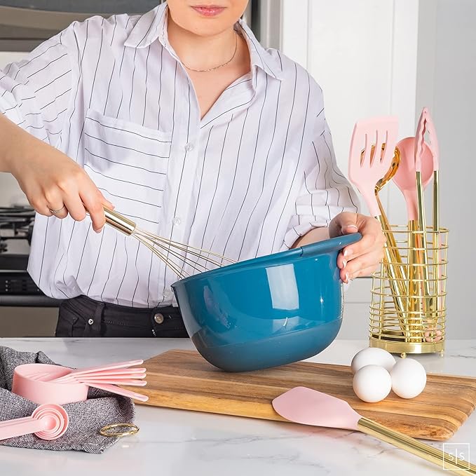 Pink and Gold Kitchen Utensils Set - 17-Piece Kitchen Tools Include Silicone Cooking Utensils, Spatula Holder, Measuring Cups and Spoons for Baking, Cooking - Stylish Pink Kitchen Accessories