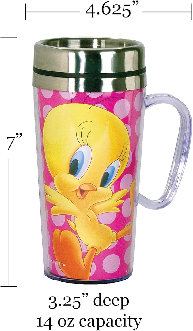 Spoontiques - Insulated Travel Mug - Tweety Bird Coffee Cup - Coffee Lovers Gift - Funny Coffee Mug - 14 oz – Pink