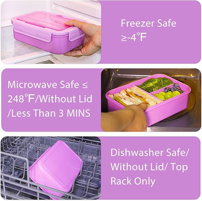 Caperci Classic Bento Box Adult Lunch Box for Older Kids - Leakpoof 47 oz 3-Compartment Lunch Containers for Adults and Teens, Built-in Utensil Set, Ideal for On-the-Go Balanced Eating, Vivid Orchid