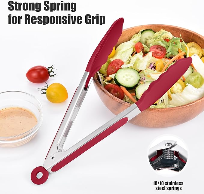Doosu Kitchen Tongs for Cooking - 600°F Heat Resistant Food Tong Set with Non-Scratch Silicone Tips, Heavy Duty Stainless Steel Locking Tong for BBQ, Grilling Steak, Serving Salad (9+12in, Red)