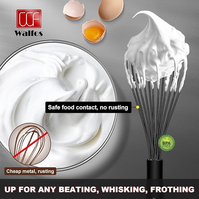 Walfos Silicone Whisk,11 Inch Silicone Whisks for Cooking Non Scratch,BPA Free Kitchen Whisk Heat Resistant (480°F) Perfect for Blending,Whisking,Beating,Mixing.Dishwasher Safe (Black）