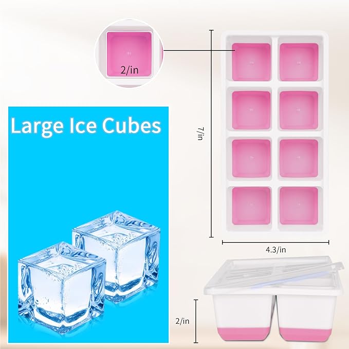 Large Ice Cube Trays with Lid, Jrisbo 2 Pack Stackable Silicone Ice Cube Molds for Freezer, Easy Release 16 Big Square Ice Trays for Whisky Cocktails (Pink)
