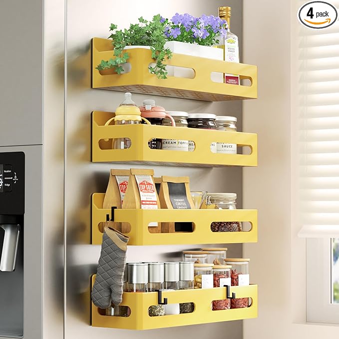 4 Pack Magnetic Spice Rack for Refrigerator, Spice Rack Organizer, Moveable Magnetic Shelf Fridge Organizer with 4 Hooks for Kitchen and Oven Organization, Yellow