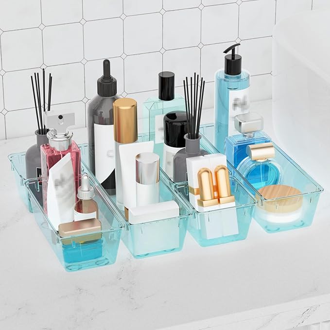 WOWBOX 12 Pack Clear Drawer Organizer Set, Acrylic Drawer Storage Trays, Storage Bins for Makeup, Cosmetics, Jewelries, Utensils, Gadgets, Office, Sea Blue