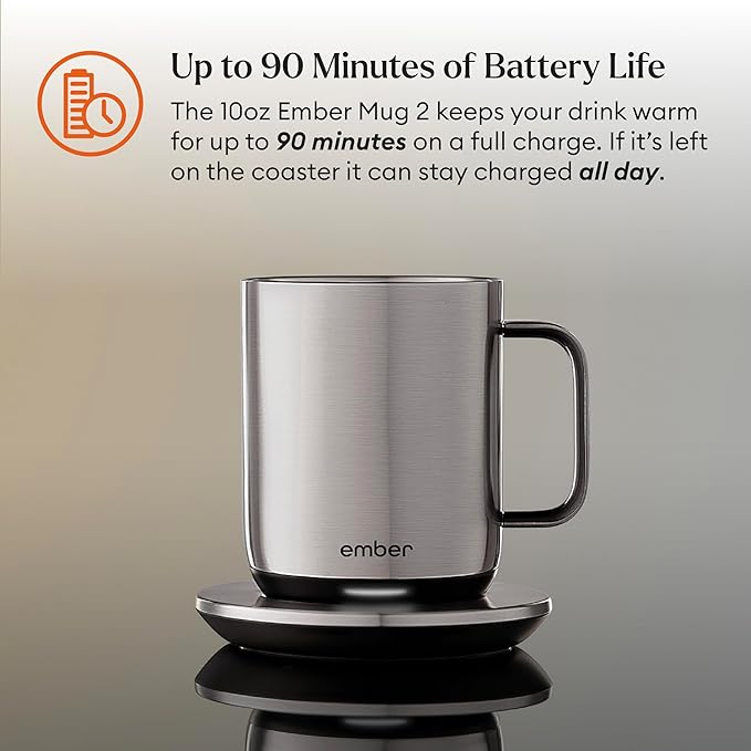 Ember Temperature Control Smart Mug 2, 10 Oz, App-Controlled Heated Coffee Mug with 80 Min Battery Life and Improved Design, Stainless Steel