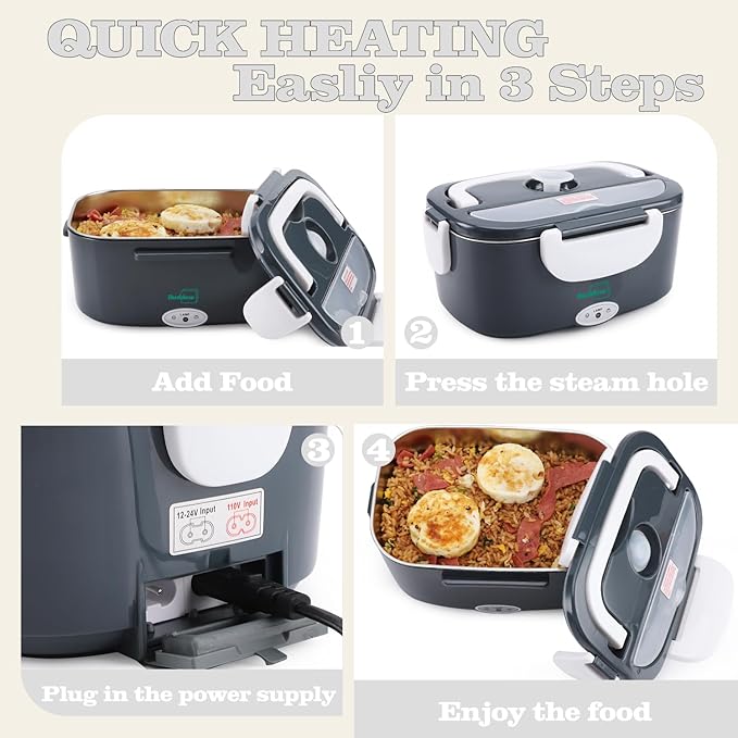 Buddew Electric Heated Lunch Box for Adults - 80W Fast Heating, 1.5L Food-Grade Stainless Steel, 12V/24V/110V Portable Food Warmer for Work Travel Car, Lonchera Electrica Portatil