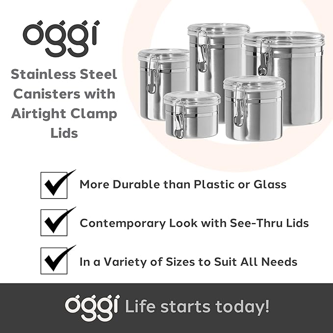 OGGI Stainless Steel Kitchen Canister 26 fl oz - Airtight Clamp Lid, Clear See-Thru Top - Ideal for Kitchen Storage, Food Storage, Pantry Storage. Size 5" x 3.5".