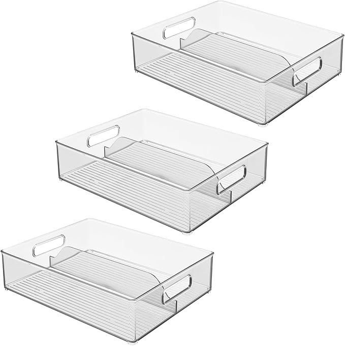 iDesign Divided Pantry Bin with Handles for Pantry, Refrigerator, or Freezer - Set of 3 - Clear