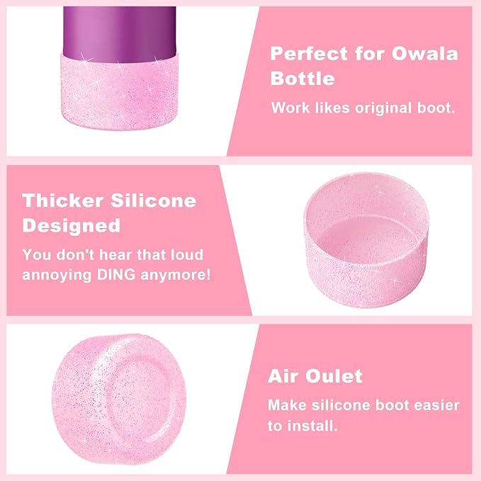 2PCS Silicone Water Bottle Boot for Owala 24oz, Protective Bottom Bumper Anti-Slip Sleeve for FreeSip, Twist, and Flip Stainless Steel Bottles, Dishwasher Safe and BPA Free(Shiny Purple Pink)