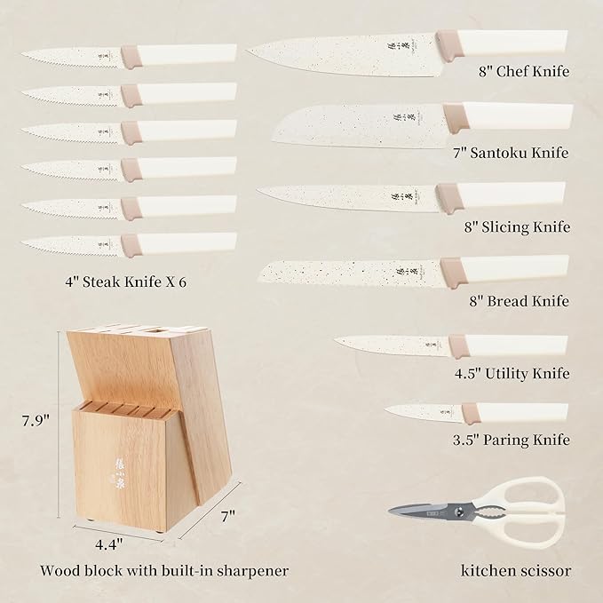 ZHANG XIAO QUAN SINCE 1628 15Pcs Knife Set with Block, High Carbon Stainless Steel Kitchen Knife Set with Ceramic-Coated Blade, Sharp and Durable, Hundreds of Years of Masterful(Cream)
