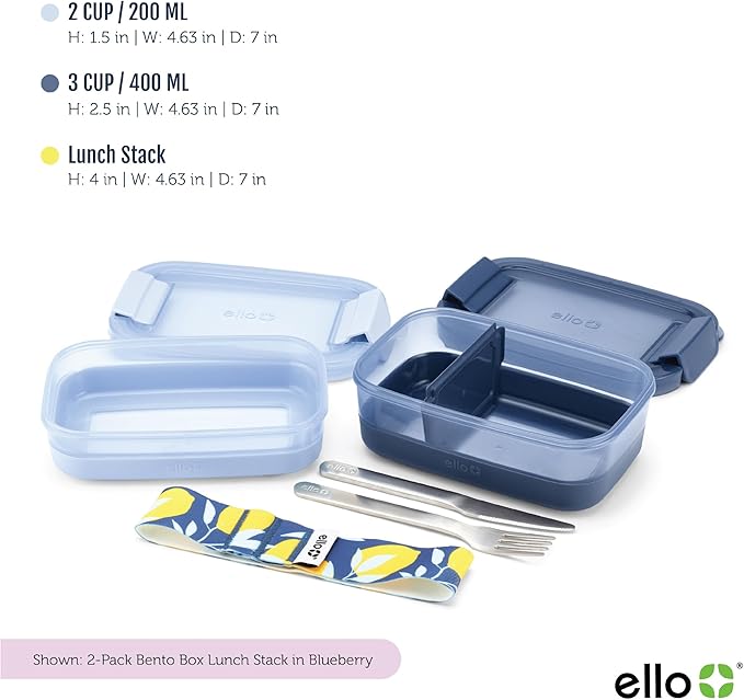 Ello 2-Pack Lunch Stack Plastic Food Storage Container Bento Box with Airtight, Leak-Proof Locking Plastic Lids and Silicone Base, BPA-Free, Freezer, Microwave, and Dishwasher Safe