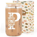Coolife Initial Glass Cup, Monogrammed Gifts for Women, 16 oz Glass Cups w/Lids Straws, Iced Coffee Smoothie Beer Tumbler w/Straw Lid - Personalized Christmas, Birthday Gifts for Her Mom Friend Woman