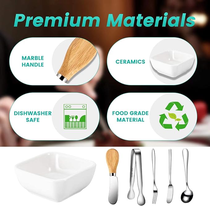 Charcuterie Board Accessories With 3 Oz Ceramic Dip Bowls, Wooden Handle Silver Cheese Spreader Butter Knive Set Kit, Mini Tongs, Spoons, Forks,Honey Dipper, Cocktail Picks