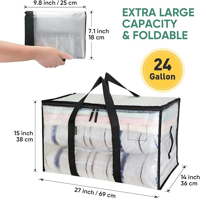 BALEINE 6-Pack Oversized Moving Bags with Reinforced Handles, Heavy-Duty Storage Tote for Clothes, Moving Supplies (Clear, 6-Pack)