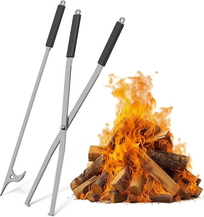 GARVIN Heavy Duty Fire Tongs & Poker Set, 27.7" Long-Handle Carbon Steel Log Grabber with Serrated Grip, Fire Tools Sets For Fire Pit & Fireplace, Wood Stoves, Campfires, Bonfires & BBQ Grills