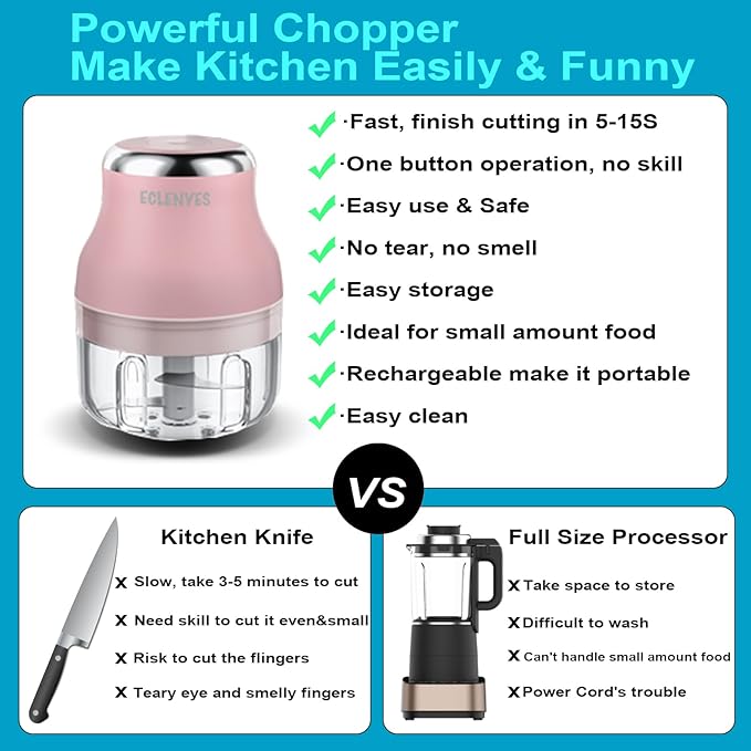 Vegetable Chopper, 100ML Electric Garlic Chopper, Rechargeable Mini Blender, Powerful Small Food Processor, Blender to Vegetable, Wireless Food Cutter for Ginger, Chili, Fruit, Meat, etc（Pink）