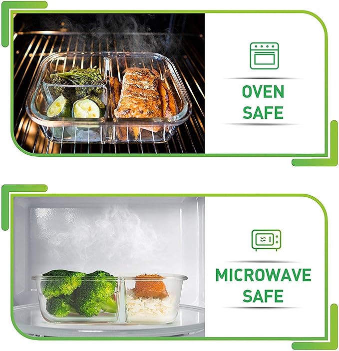 PrepNaturals 3 Pack 34 Oz Glass Meal Prep Containers - Dishwasher Microwave Freezer Oven Safe - Glass Storage Containers with Lids (Multi-Compartment)