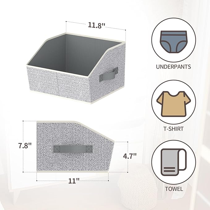 Storage Bins for Shelves - Small Trapezoid Closet Shelf Organizer, Fabric Organization Bins with Handles, Storage Baskets for Clothes, Towel, Purse, 4 Pack, Light Gray