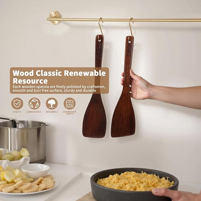 Wooden Spatula for Cooking, Long Handle Corner Spatulas for Frying Pan, Good Grips Right Hand Wood Turner for Cooking Kitchen Utensils