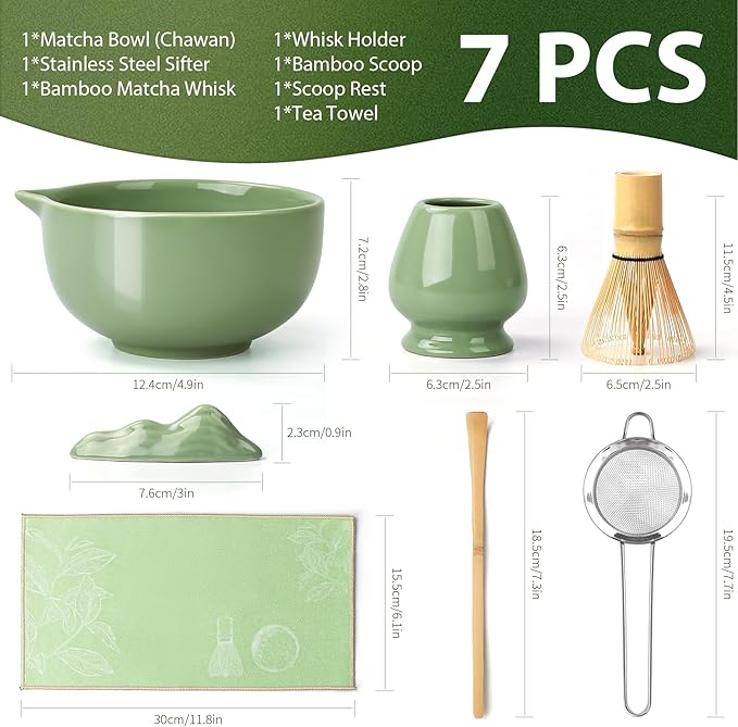 Matcha Whisk Set, 7 Pcs Matcha Kit with Matcha Bowl, Spout, Whisk and Holder, Bamboo Scoop and Stainless Steel Sifter, Japanese Matcha Set for Ceremony, Gift for Matcha Lover
