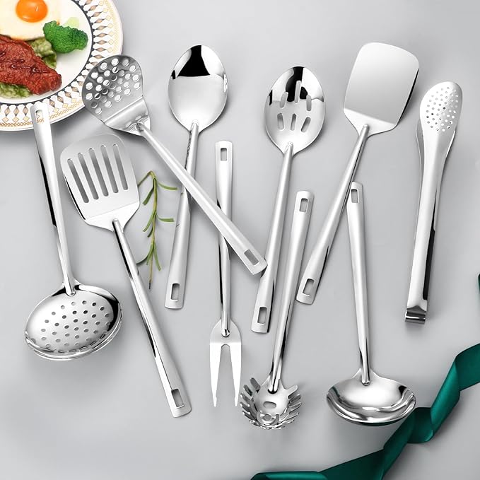 Lazycorner Kitchen Utensils Set, 11pcs Stainless Steel Cooking Utensils Set with Holder, Metal Kitchen Set for Cooking with Turners, Potato Masher, Spatula, Spoons, Pasta, Tongs