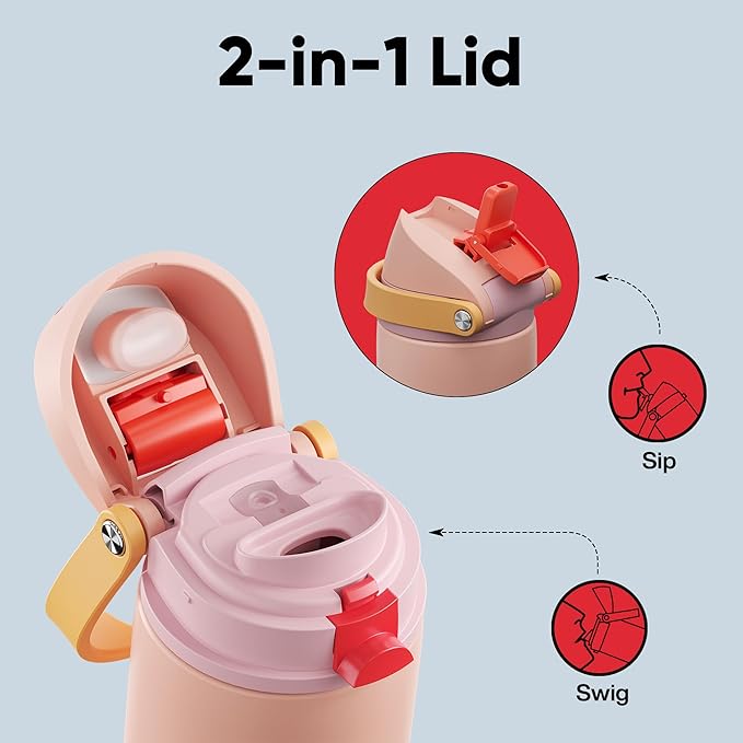 Insulated Water Bottle with Straw - Encool Stainless Steel Water Bottle with Push Button Lid, Leak-Proof & BPA-Free, Keeps Cold for 24 Hours for Sports, Travel, Gym (24 oz, Pink Daisy-Red)