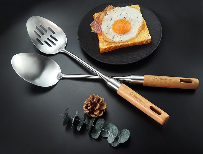 Large Stainless Steel Kitchen Utensils Set, 7 Pcs Cooking Utensils Set with Wooden Handle, Heat Resistant Spatula Tools Set for Cooking, Food Grade Utensils Sets with Turners Spoon Ladle Pasta Fork