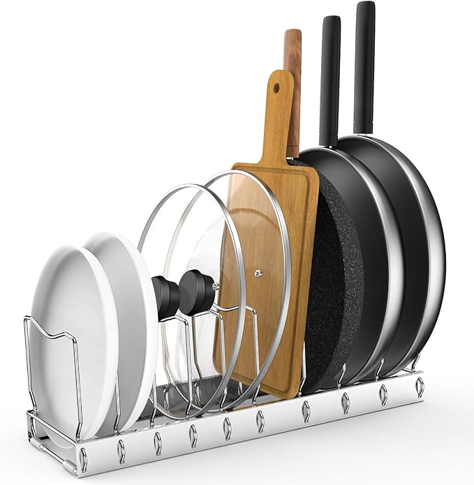 FLSEPAMB Pan Organizer - Adjustable Lid Organizer for Kitchen, Heavy Duty Pot Lid Organizer, Under Sink, Drawer, Pantry Storage