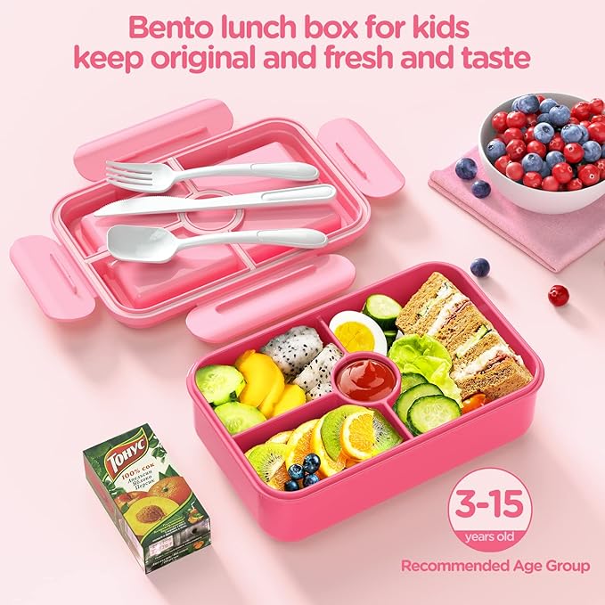 Jelife Kids Lunch Bento Box, Large Bento-Style Leakproof Boxes 4 Compartments Girls Snack Containers with Tableware for Back to School, Reusable On-the-Go Meal and Packing, Pink