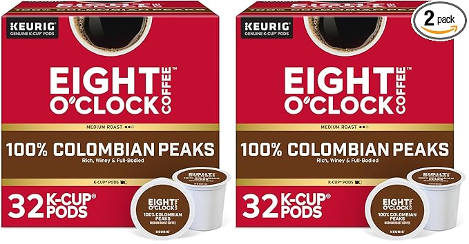 Eight O'Clock Coffee Colombian Peaks Single-Serve Keurig K-Cup Pods, Medium Roast Coffee Pods, 32 Count (Pack of 2)