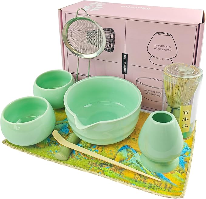 9 Pcs Matcha Whisk Set 18OZ Japanese Matcha Tea Set Includes Matcha Bowl with Spout,Cups,Bamboo Whisk,Ceramic Chasen Holder,Tea Towel, Bamboo Scoop and Sifter Matcha Kit Gift for Ceremony Christmas