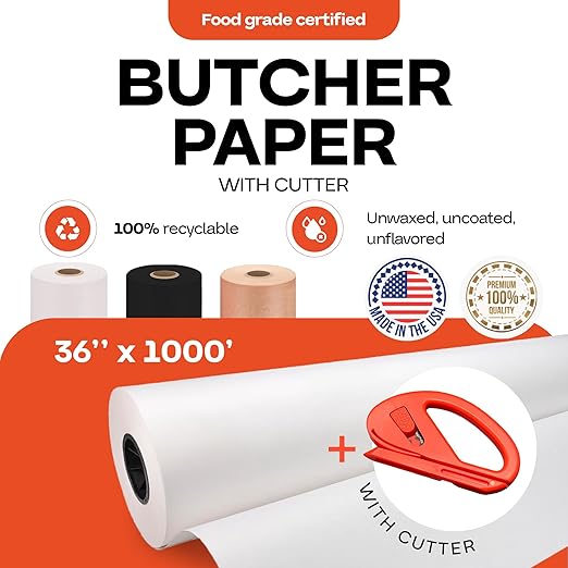 White Butcher Paper 36" x 12000" (1000 feet) with Cutter - USA-Made Natural Butcher Paper Roll for Meat & Fish - Uncoated, Unwaxed & Food-Grade Material for Smoker, Grilling & BBQ by IDL Packaging