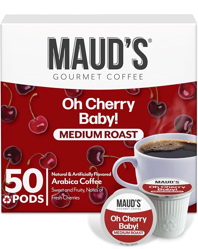 Maud's Cherry Flavored Coffee Pods, 50 ct, Medium Roast Flavored Coffee in Recyclable Single Serve Pods – 100% Arabica Beans, Compatible with Keurig K Cups Maker