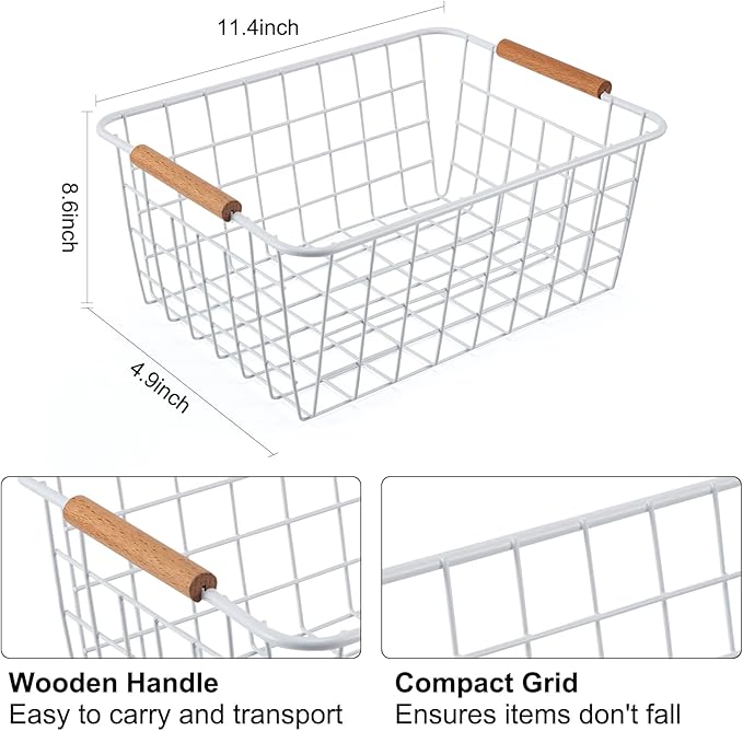Wire Basket 2 Pcs Wire Storage Baskets Wire Baskets Organizing with Wooden Handles Wire Basket Pantry Organization and Storage Metal Wire Food Storage Basket for Kitchen, Cabinets (White 2PCS)