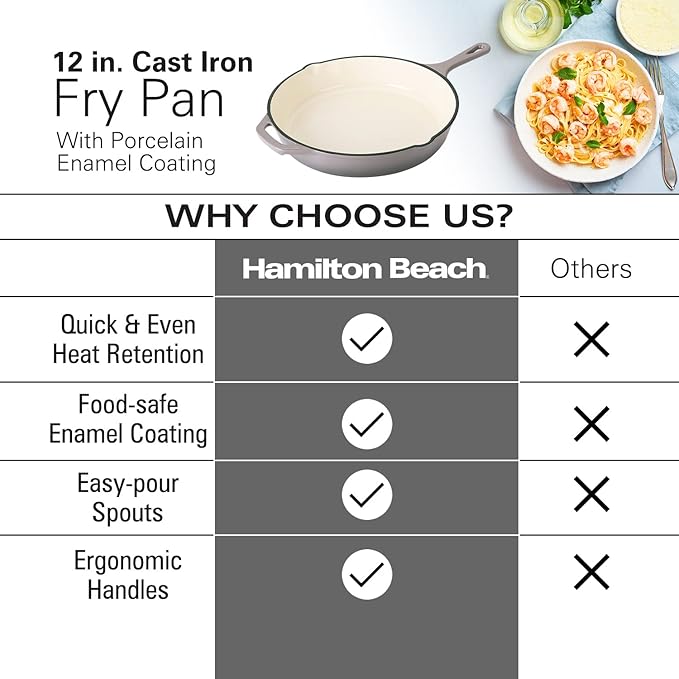 Hamilton Beach Enameled Cast Iron Fry Pan 12-Inch Gray, Cream Enamel coating, Skillet Pan For Stove top and Oven, Even Heat Distribution, Safe Up to 400 Degrees, Durable