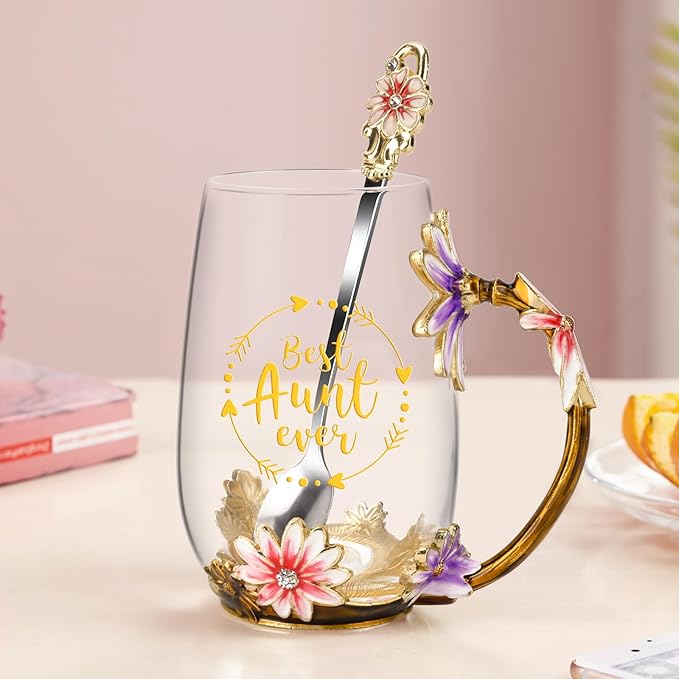 OEAGO Gifts for Aunt from Niece Nephew Tea Cup Cool Birthday Gift Enamel Flower Glass Mugs Christmas Mothers Day New Aunt Announcement Promoted