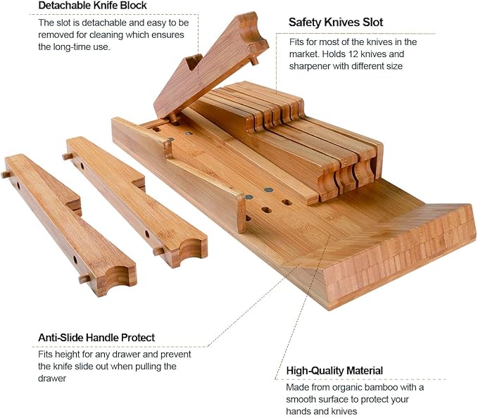 NIUXX Bamboo In-Drawer Knife Block Set for 12 Knives(Not Included), Large Kitchen Detachable Washable Cutlery Slot Organizer Storage Holder for Sharpening Steel and Cutter