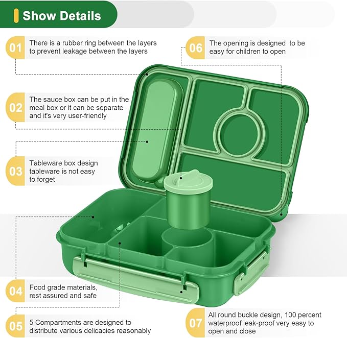 Bento Box Adult Lunch Box Kids,Lunch Containers for Adults/Kids/Toddler,5 Compartments Bento Lunch Box with Sauce Vontainers,Microwave & Dishwasher & Freezer Safe,BPA-Free (Emerald green)