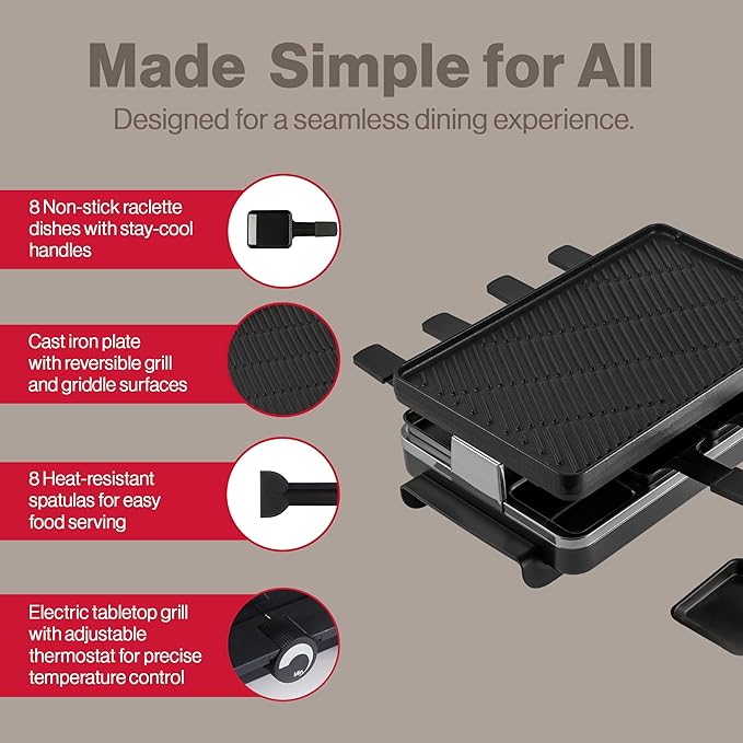 Swissmar Classic 8-Person Raclette Party Grill - Indoor Electric Grill & Griller with Reversible Cast Iron Grill Plate/Crepe Top - Anthracite Black
