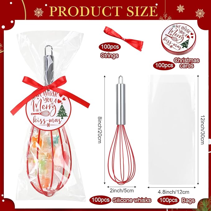 100 Sets 8 Inch Christmas Whisks Gifts DIY Fillable Christmas Tree Ornaments Xmas Colored Silicone Whisks for Cooking Heat Resistant Egg Beaters with Card Rope Bag for Candy Holder