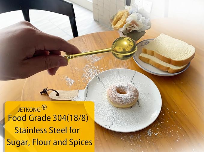 JETKONG Powdered Sugar Shaker Duster Flour Dispenser Shaker with 18/8 Stainless Steel Spring-operated Handle for Sugar Flour and Spices (Gold)