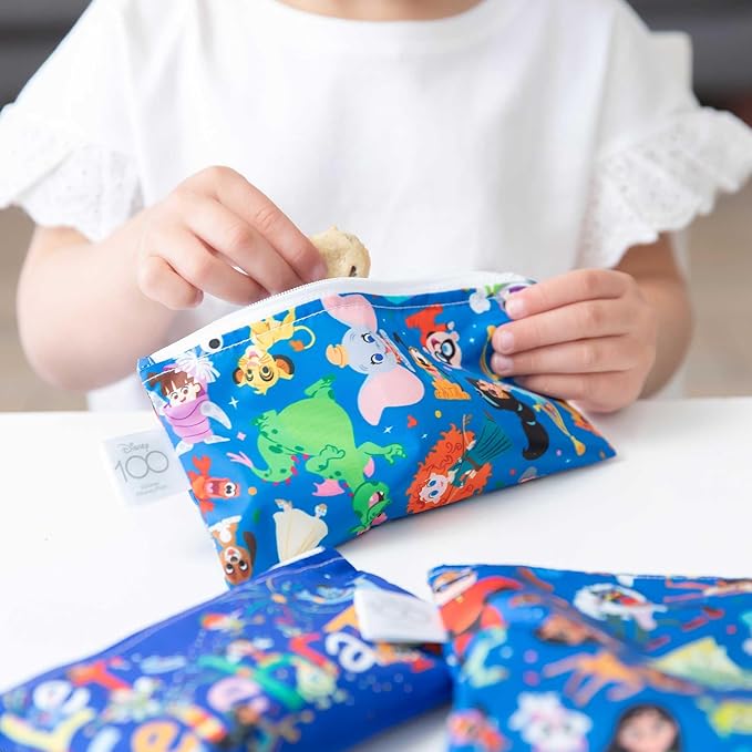Bumkins - Cloth Snack & Sandwich Bags - For Storage, Travel, Food Prep, Lunch - Reusable, Water Resistant, Dishwasher Safe - Snack Bags for Kids - Zipper Closure - Disney 100 Years Celebration -3 Pack