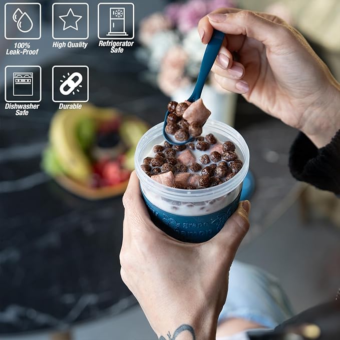 4 Pack Breakfast On The Go Yogurt Parfait Cups, Reusable Plastic Containers with Lids and Spoons, Perfect Jars for Overnight Oats Cereal Granola Oatmeal Smoothies and Snack Prep