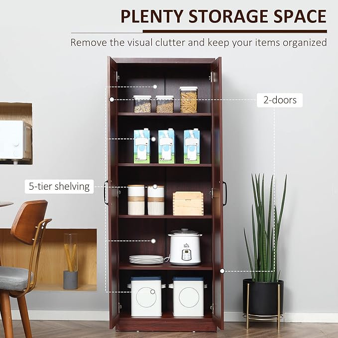 HOMCOM 63" 2-Door Kitchen Pantry, Freestanding Storage Cabinet with 5-Tier Shelving and 2 Adjustable Shelves for Dining Room, Espresso