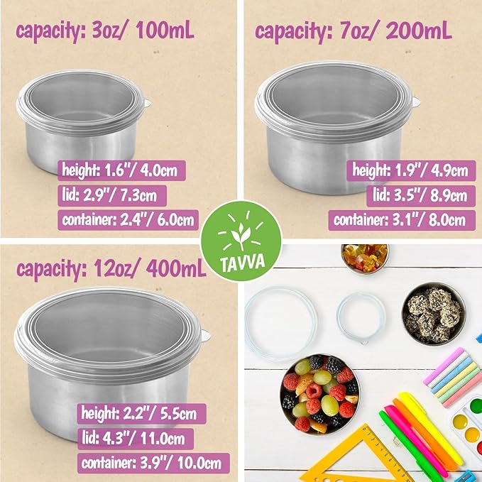 TAVVA Kids Snack Containers for School [12oz/ 7oz/ 3oz] - Stainless Steel Lunch Containers for Kids - Stainless Steel Lunch Box for Kid - Leakproof with Silicone Lids - Dishwasher & Freezer Safe