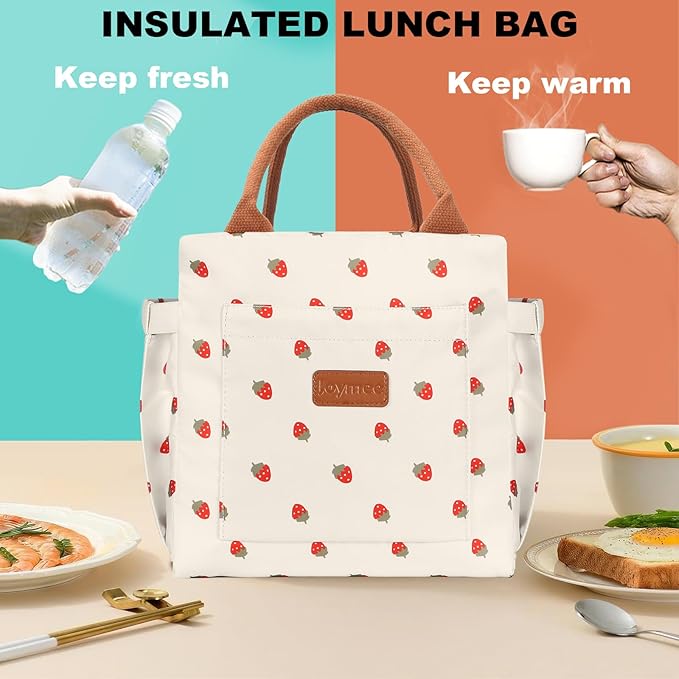 Joymee Lunch Bag Women Insulated Lunch Box with Adjustable Shoulder Strap Large Reusable Leakproof Spacious Cooler Tote for Women Men Adult with Bottle Holder and Side Pockets - Strawberry
