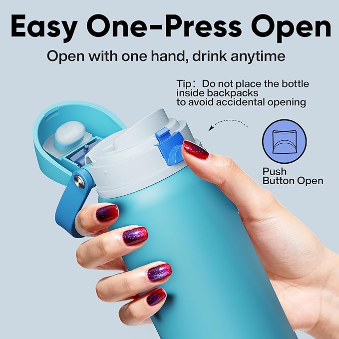 Insulated Water Bottle with Straw - Encool Stainless Steel Water Bottle with Push Button Lid, Leak-Proof & BPA-Free, Keeps Cold for 24 Hours for Sports, Travel, Gym (40 oz, Silk Blue)