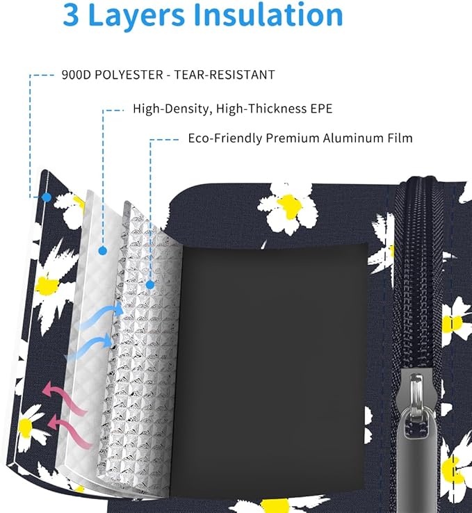 DALINDA Lunch Bag Lunch Box for Women Men Reusable Insulated Cooler Lunch Tote Bags, Leakproof Cute LunchBag Large Capacity for Work Travel Picnic, Daisy