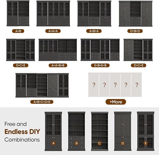 70.8" Tall Black Bookshelf with Glass Doors, Farmhouse Modular Bookcase with 6-Tier Adjustable Shelves, Large Storage Cabinet for Home Office, Living Room, Set of 3