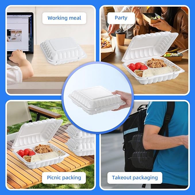 YANGRUI Food Containers 8 Inch 34 oz 55 Pack - Shrink Sealed & Stackable | BPA Free Mineral Filled PP Plastic | Heavy Duty Freezer & Microwave Safe | Restaurant Grade 3 Section White Lunch Boxes